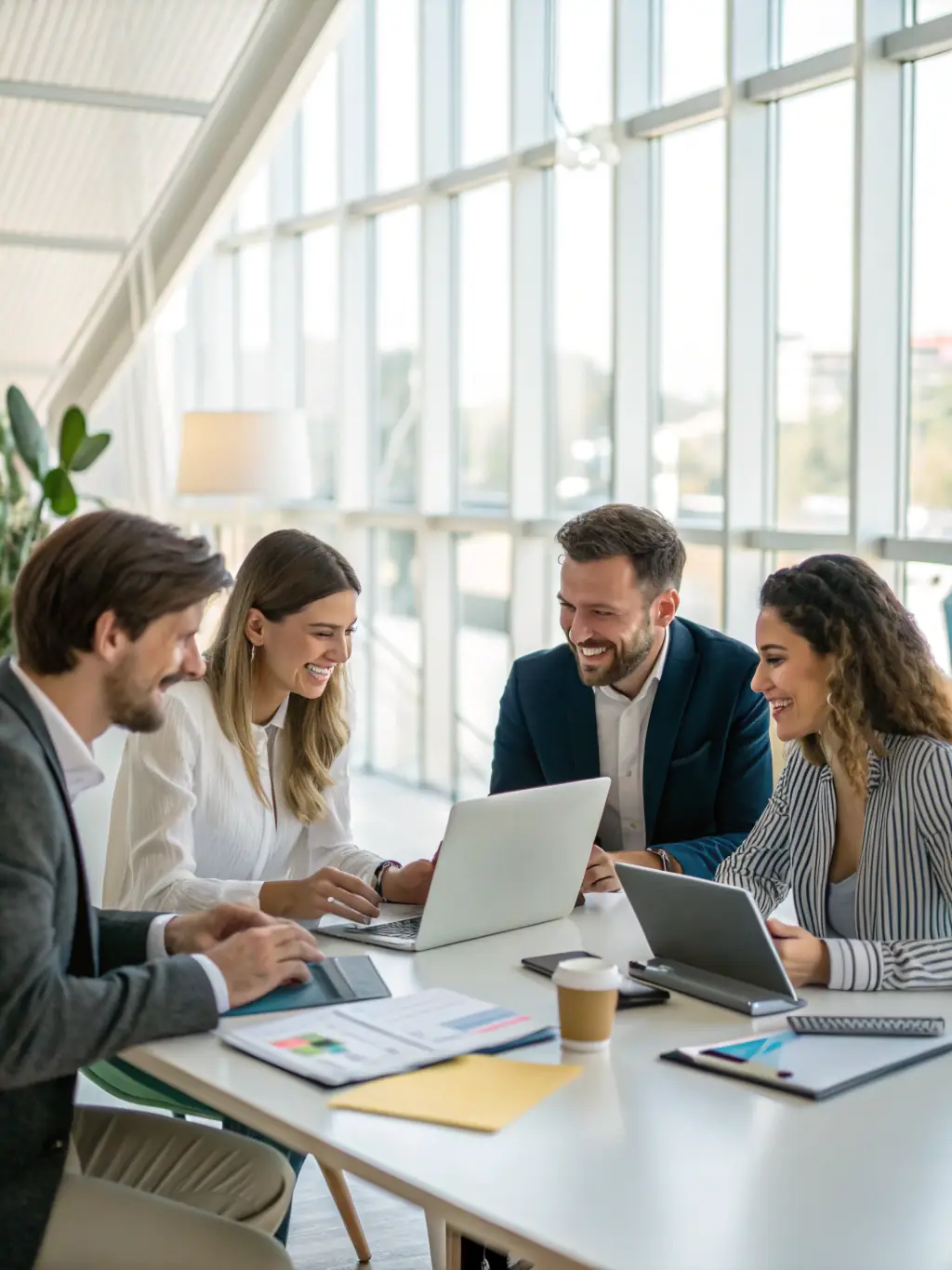 A professional, eye-level shot of a team brainstorming digital marketing strategies in a modern office setting, emphasizing collaboration and innovation.