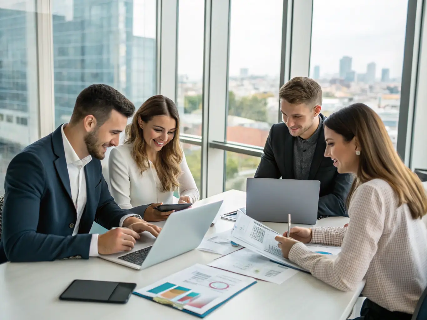 A professional team collaborating on a digital marketing strategy in a modern office setting, showcasing the collaborative and expert approach of Mirror Minds LLC.
